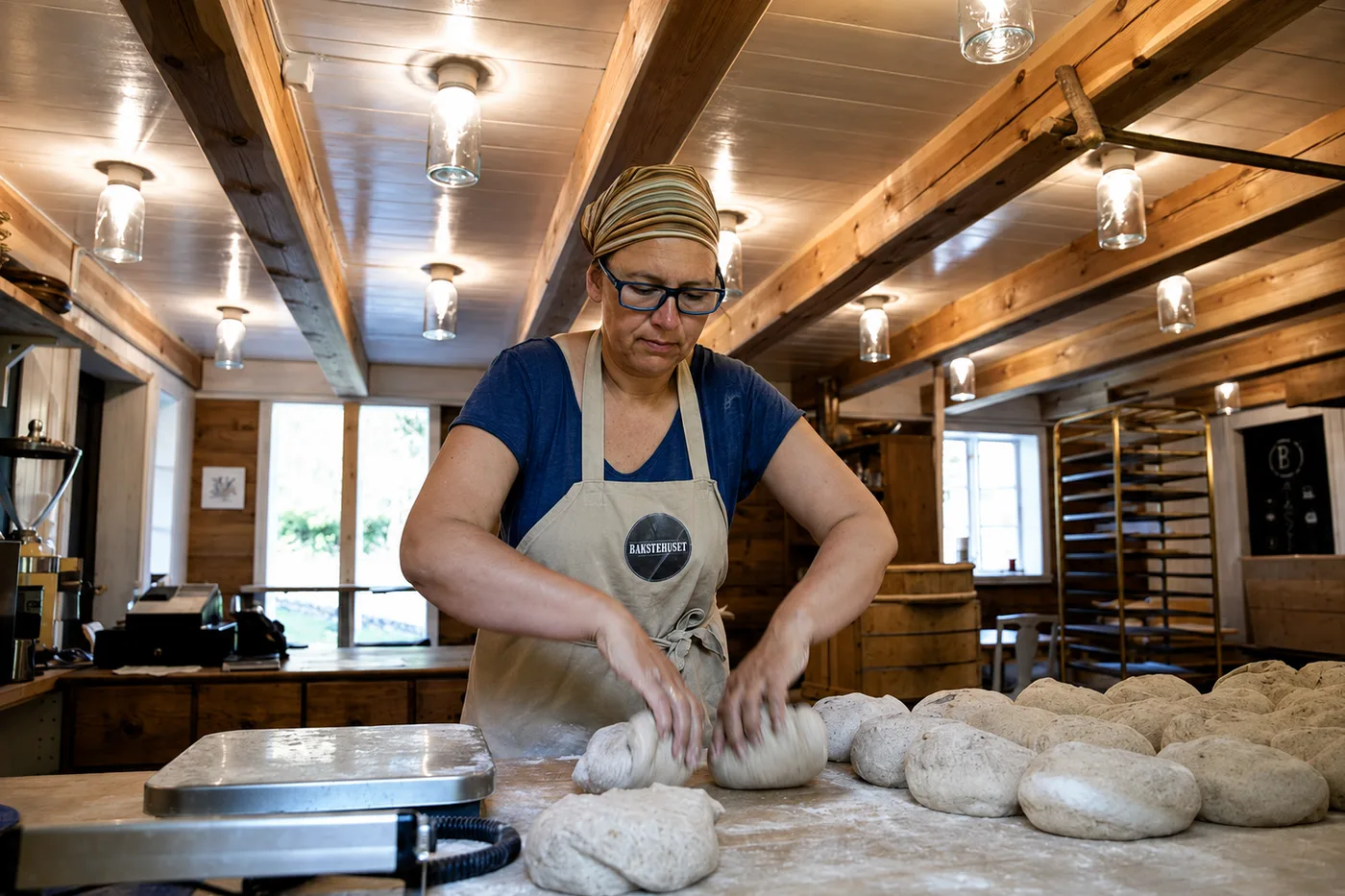 Mariann shaping sourdough loaves on the bench in the bakery