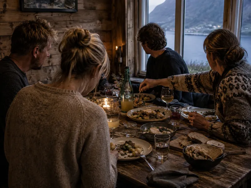 Fire mennesker rundt et trebord midt i måltidet, med fjorden i vinduet