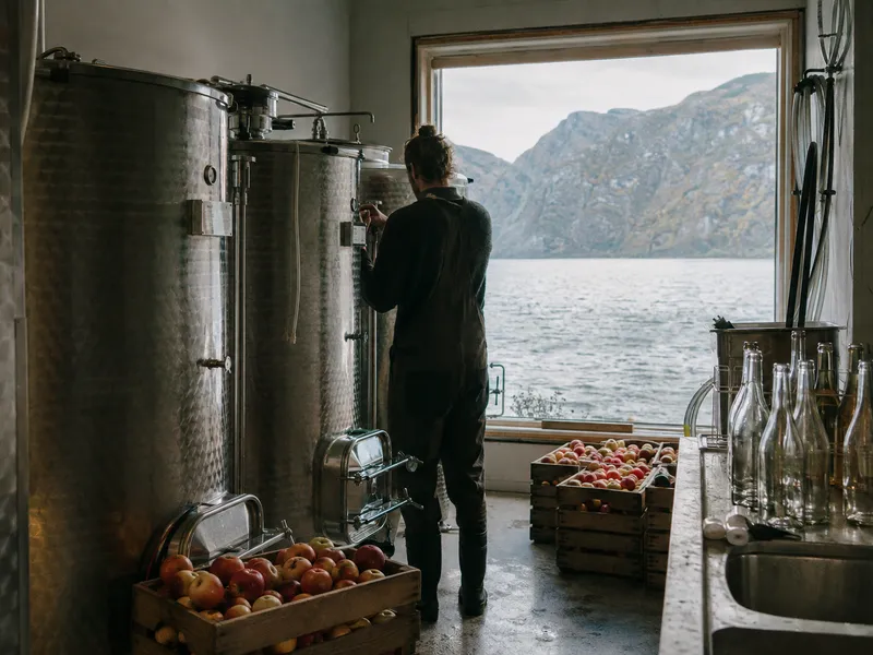 Ciderverksted med ståltanker, eplekasser på gulvet og stort vindu mot fjorden