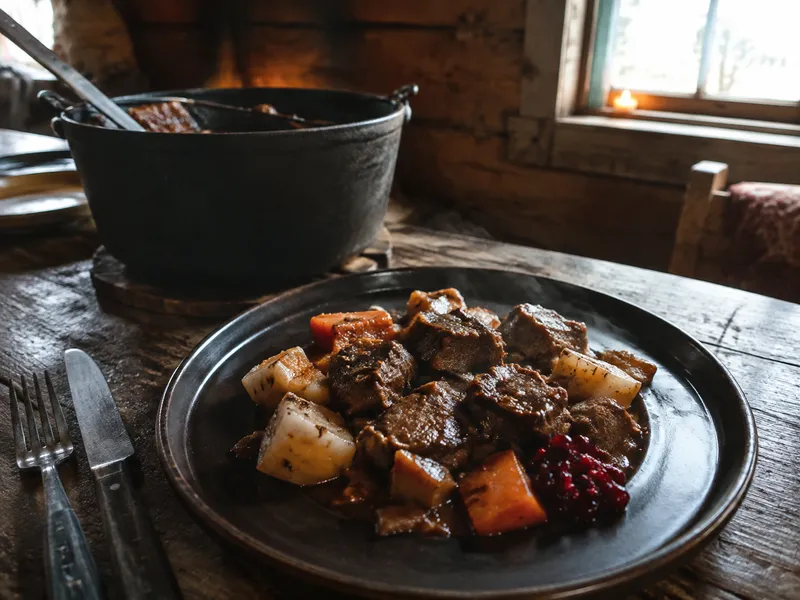 Braised game with root vegetables and lingonberry on a dark plate, cast-iron pot behind