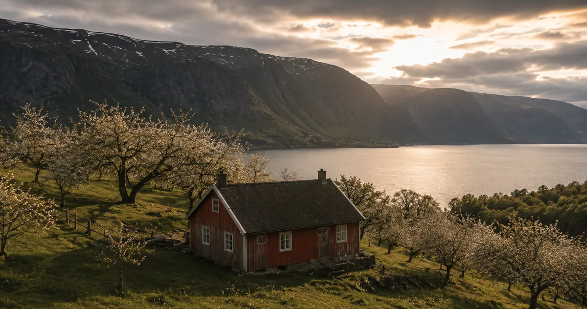 Blomstrende frukthage på hylla over Hardangerfjorden, med snø igjen på fjellet bak