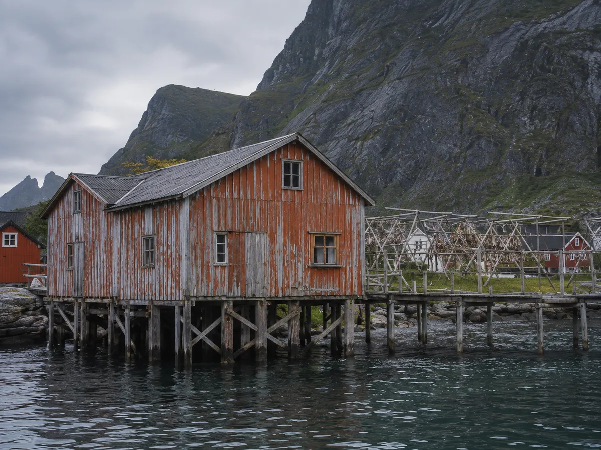 Weathered timber fish warehouse on piles over the water in Henningsvær, drying racks behind