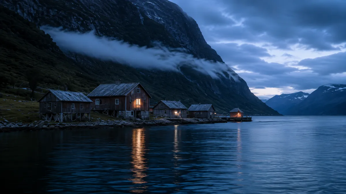 Timber farm buildings by the fjord at blue hour, low cloud lying along the mountainside