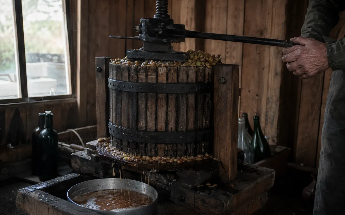 An old wooden cider press in use, juice running into a steel vessel below