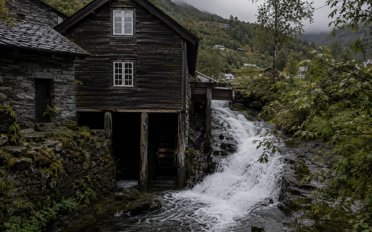 An apple orchard on a slope above the fjord, fruit on the trees, a turf-roofed timber building below