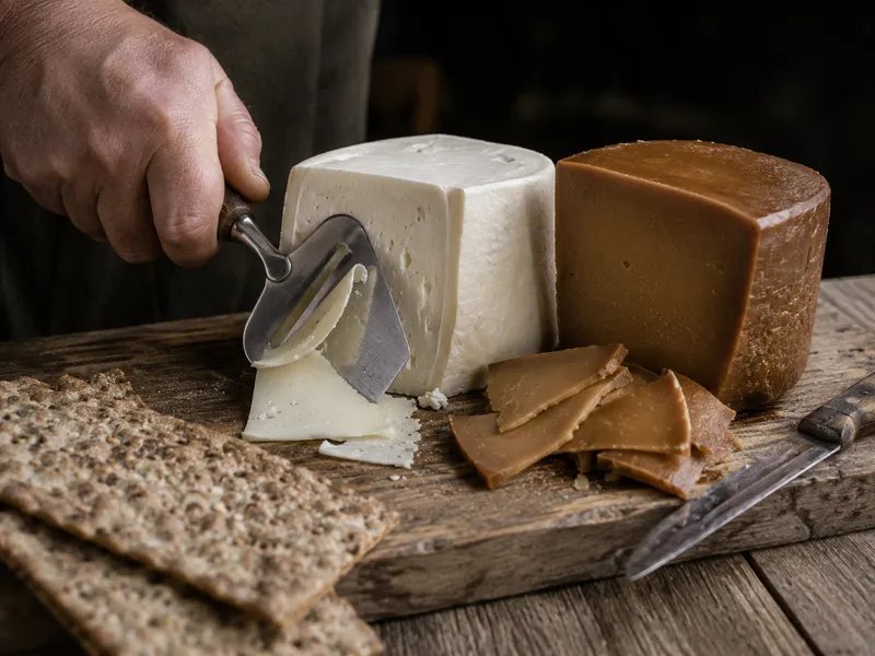 Kvit Undredal and Brun Undredal cheese being cut on a wooden board