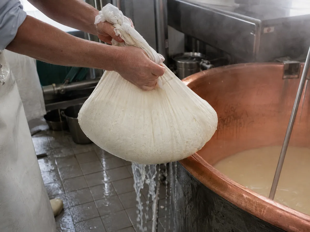 Curd lifted from the copper vat in cheesecloth, whey running off