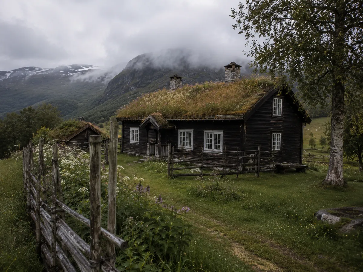 A summer mountain farm with turf-roofed timber buildings on open upland pasture