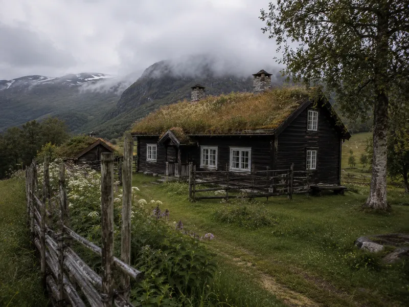 A summer mountain farm with turf-roofed timber buildings on open upland pasture