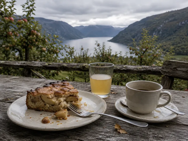 Apple cake, cider and coffee on a weathered table above the fjord