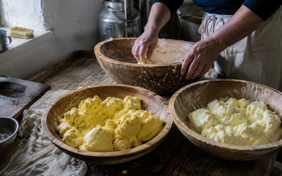 Two batches of butter side by side in wooden bowls, one deep yellow and one almost white