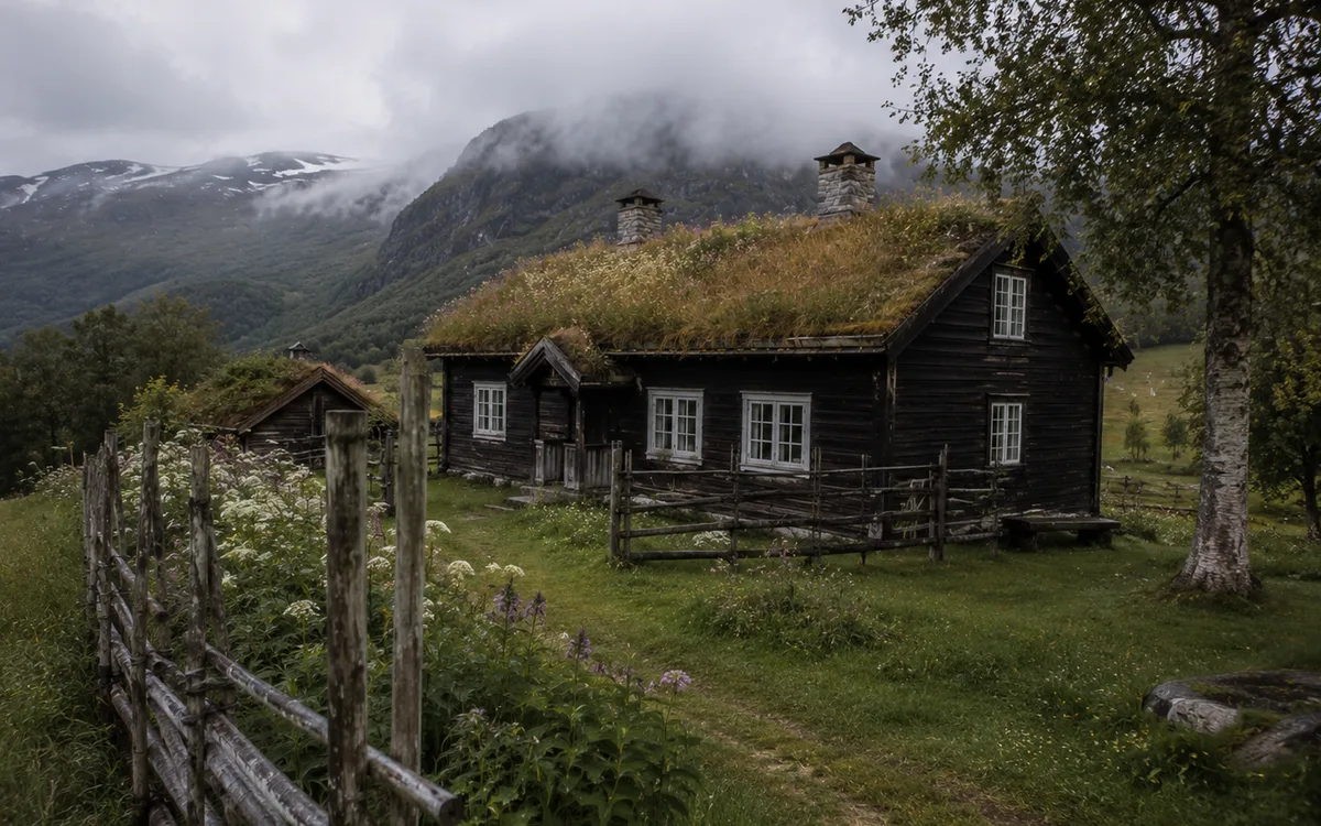 A summer mountain farm with turf-roofed timber buildings and a split-rail fence, low cloud on the mountain behind