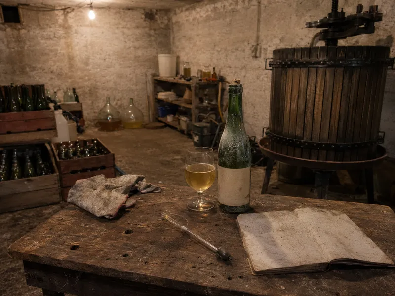 A dusty bottle of cider and a filled glass on the workbench, the press behind