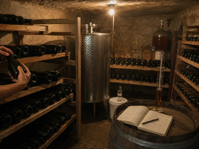 Bottles resting on wooden racks in a dim cider cellar, a notebook and hydrometer on a barrel