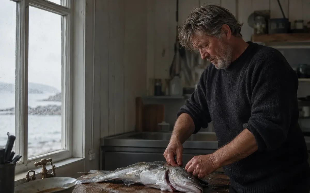 Cleaning a freshly caught cod at a workbench by the window, the sea outside