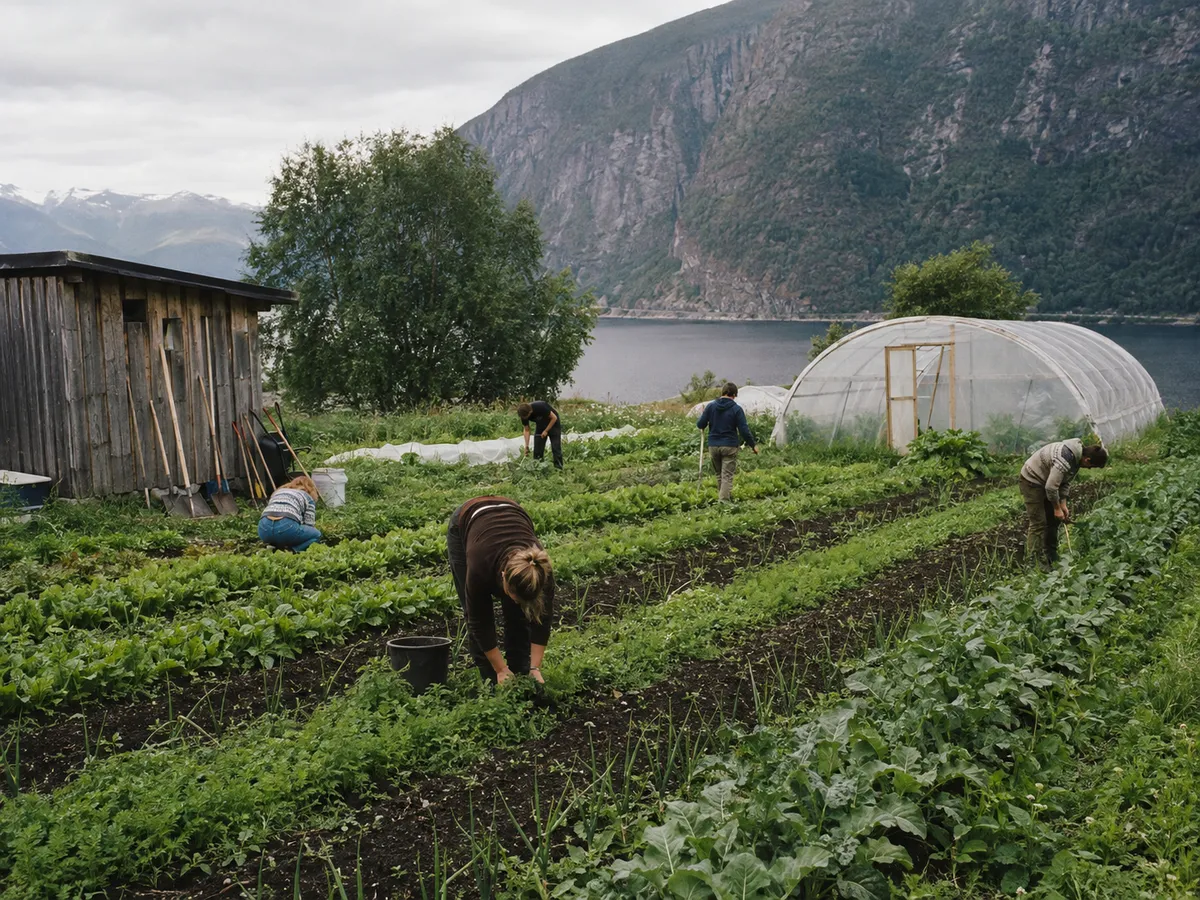 Students working long vegetable beds by the fjord, a polytunnel and mountainside behind