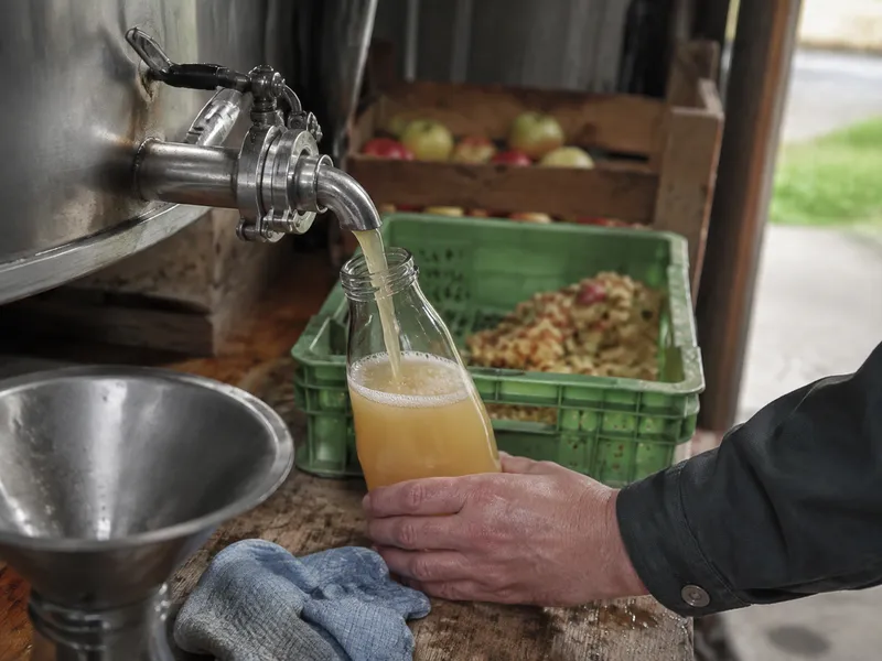 Cloudy apple juice running from a steel tap into a glass bottle